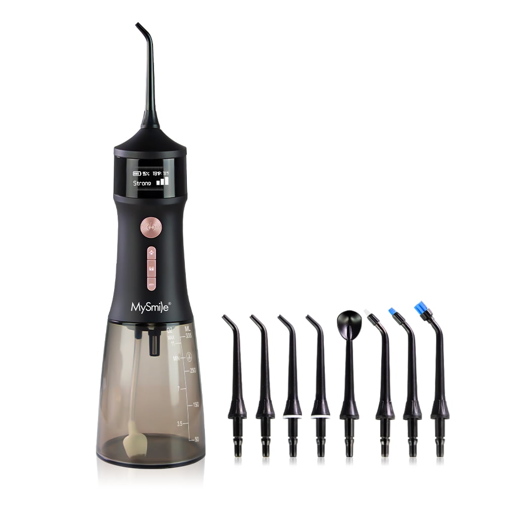 MySmile LP221 OLED Cordless Water Flosser with UVC Sterilizer Light, Portable Oral Irrigator Electric Dental Flosser Picks for Teeth Cleaning, Braces, Gums, 5 Modes, 8 Jet Tips, Travel Bag, Black