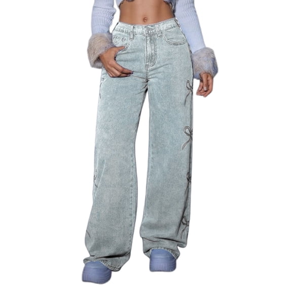 Luwomo Jeans for Womens High Waist Wide Leg Floral Embroidery Comfortable Stretch Long Trousers Outfits Denim Pants BU1,L