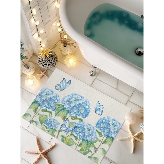Doormat Hydrangea Flower Front Door Mat Non Slip Absorbent Low Profile Floor Mat Summer Blue Butterfly Linen Welcome Mats Entryway Rug for Entrance Kitchen Porch Indoor Outdoor Home Decor 16"x24"