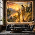 thumbnail image 6 of Robed Figure and Child Walking Hand in Hand along Flower Meadow Path with Wooden Staff, Serene Storybook Nature Style for Families, Thoughtful Gift, Bedroom and Living Room, Tapestry and Wall Hanging, 6 of 7