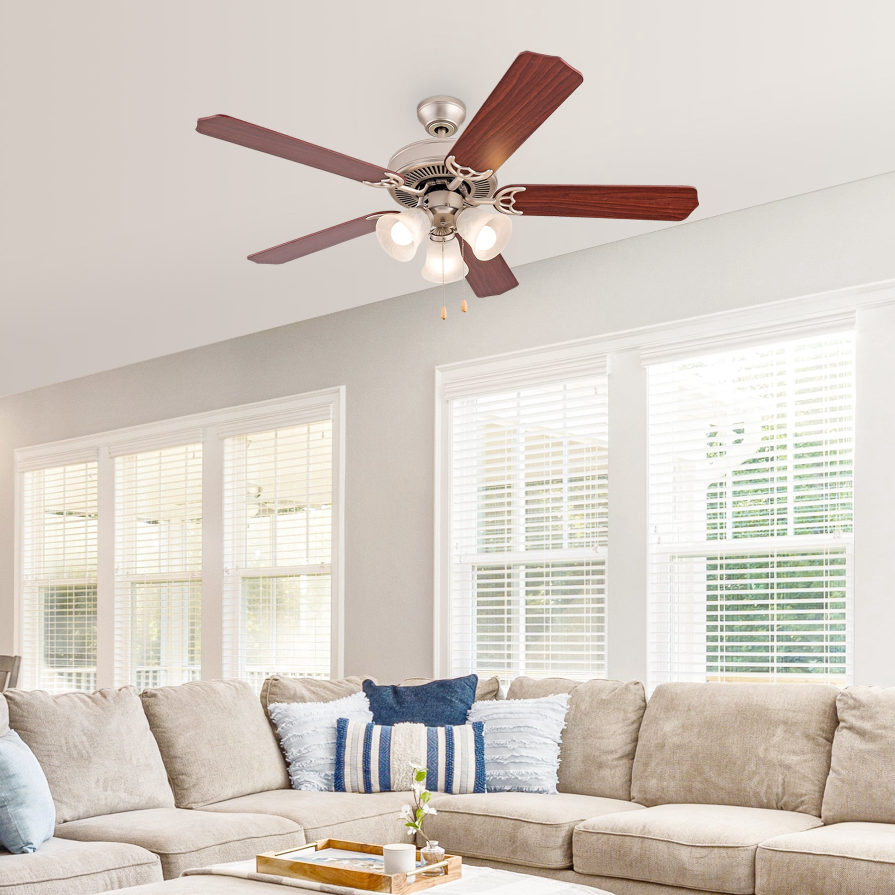 US Home Goods 52" Satin Nickel Downrod Mount Indoor Ceiling Fan with Bulb, Light Kit and Pull Chain