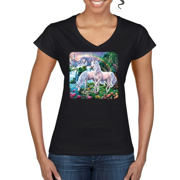 Unicorn Fanstasy Island Castle Animal Lover Women's Standard V-Neck Tee, Black, Small