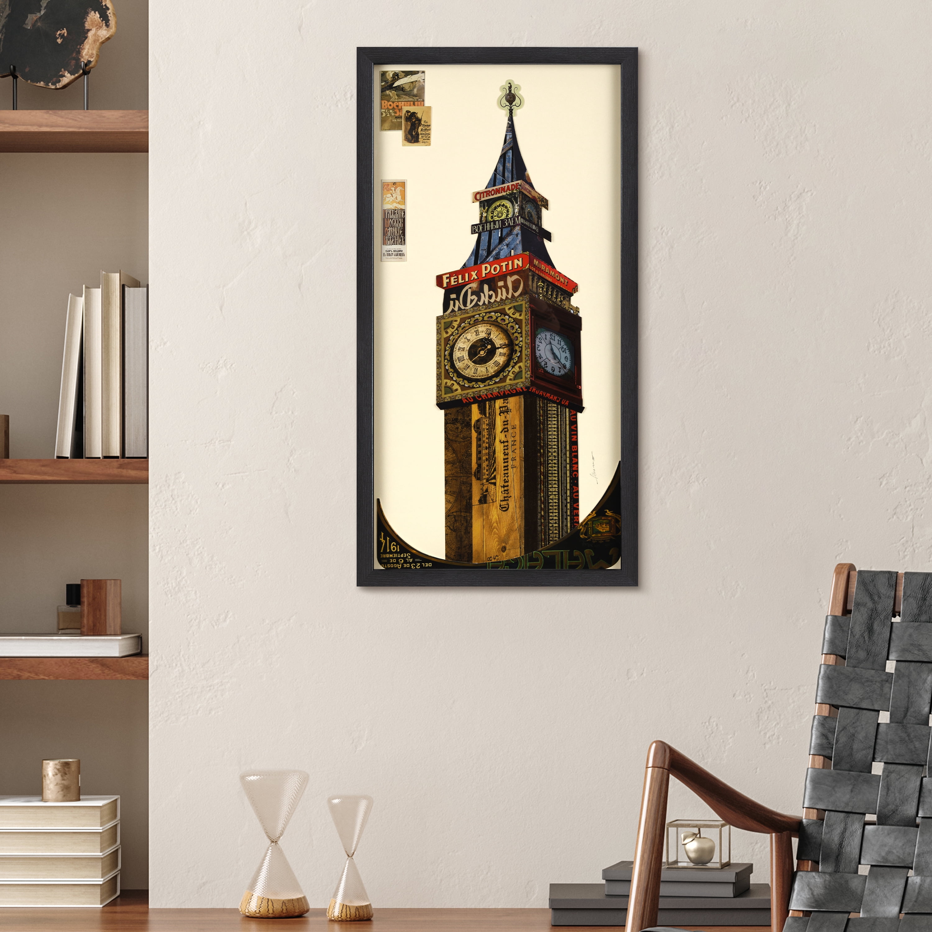Empire Art Direct "Big Ben" Alex Zeng's dimensional collage, under glass & a black shadow box frame
