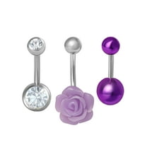 Body Jewelry Women's Silver Tone/ Purple 14G Rose and Crystal Belly Ring, 3 Pack