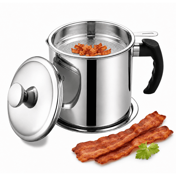 GARITIN Bacon Grease Container with Strainer, 1.8L Stainless Steel Oil Storage Pot, Grease Saver Can with Fine Mesh Filter for Kitchen Cooking Frying Oil