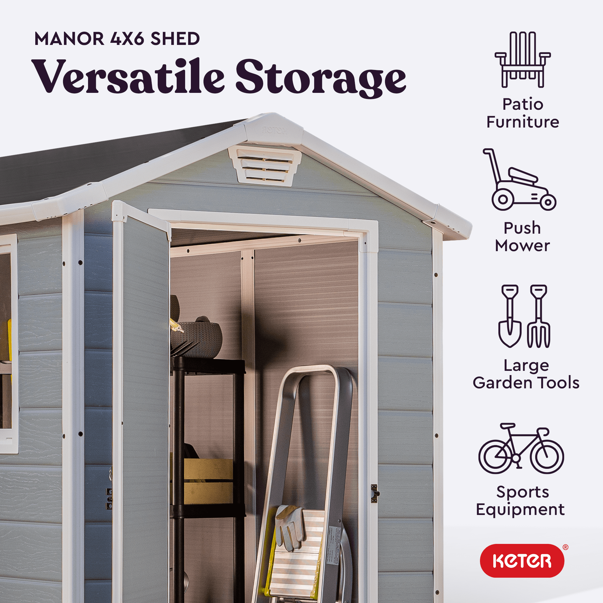 Keter Manor 4' x 6' Resin Storage Shed, All-Weather Plastic Outdoor Storage, Gray/White