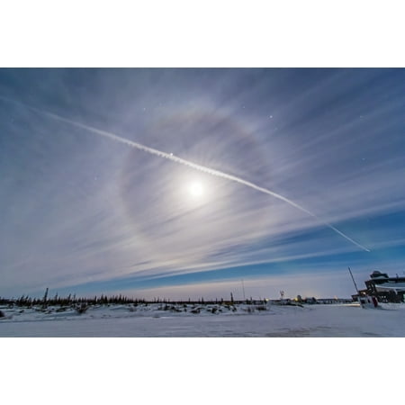 Around Crystal - An ice crystal lunar halo around the gibbous moon with an aircraft jet contrail Poster Print