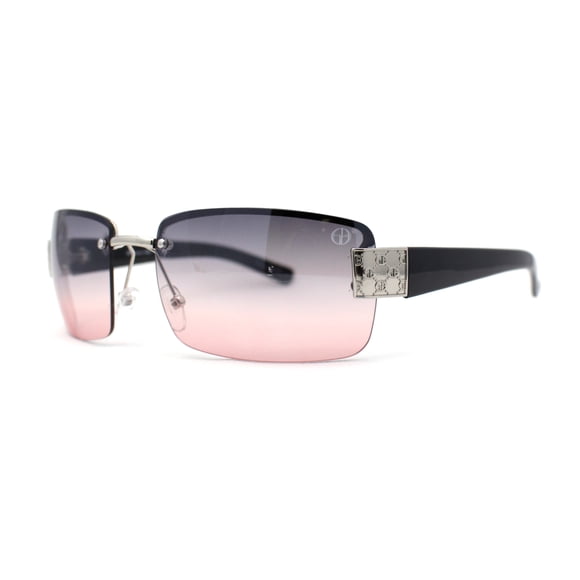 Old School Rimless Narrow Rectangle 90s Designer Shade Sunglasses Silver Black Pink