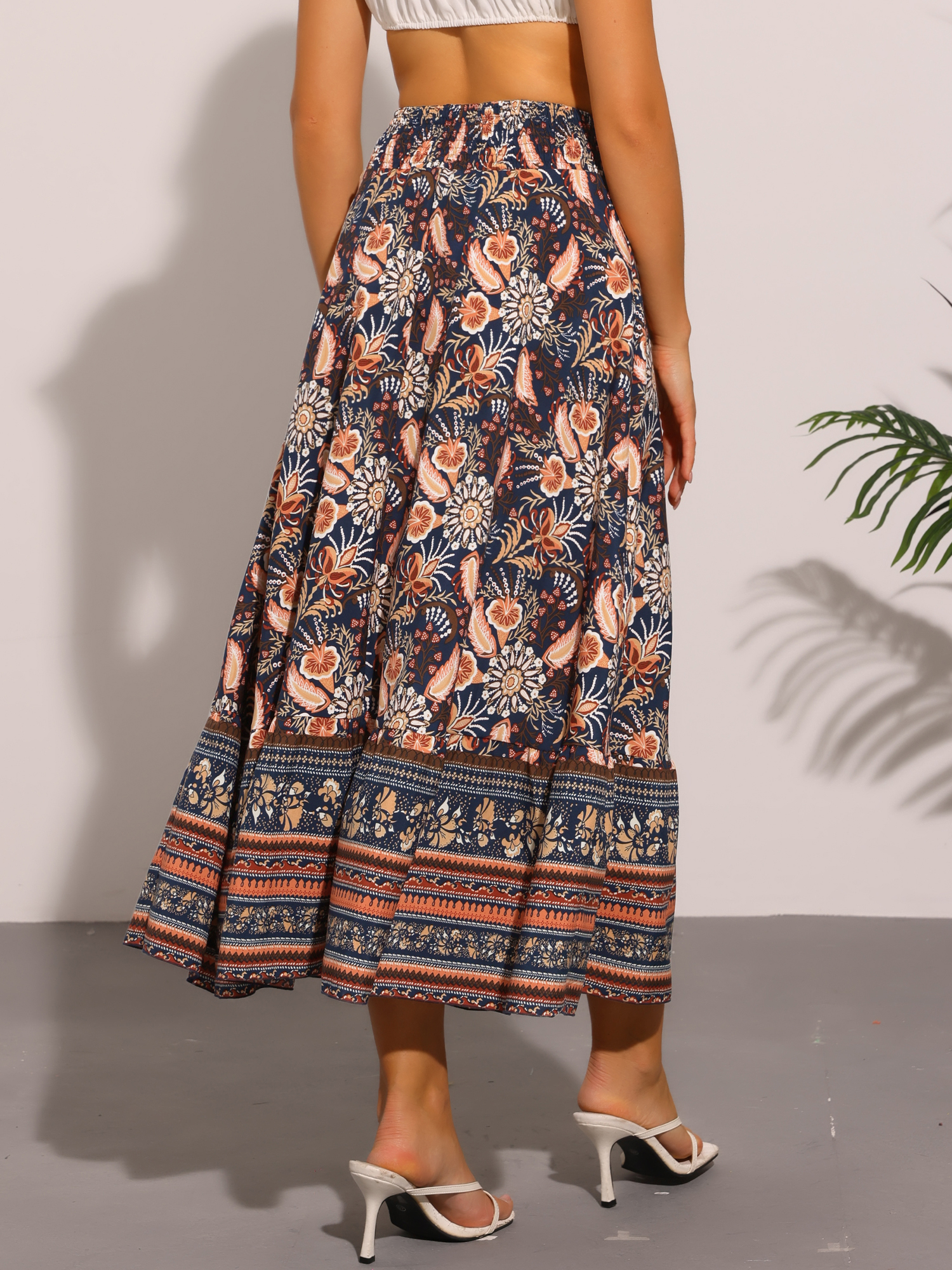 DARING DIVA Women's Boho Floral Casual Beach Flowy Maxi Skirt L Dark Blue