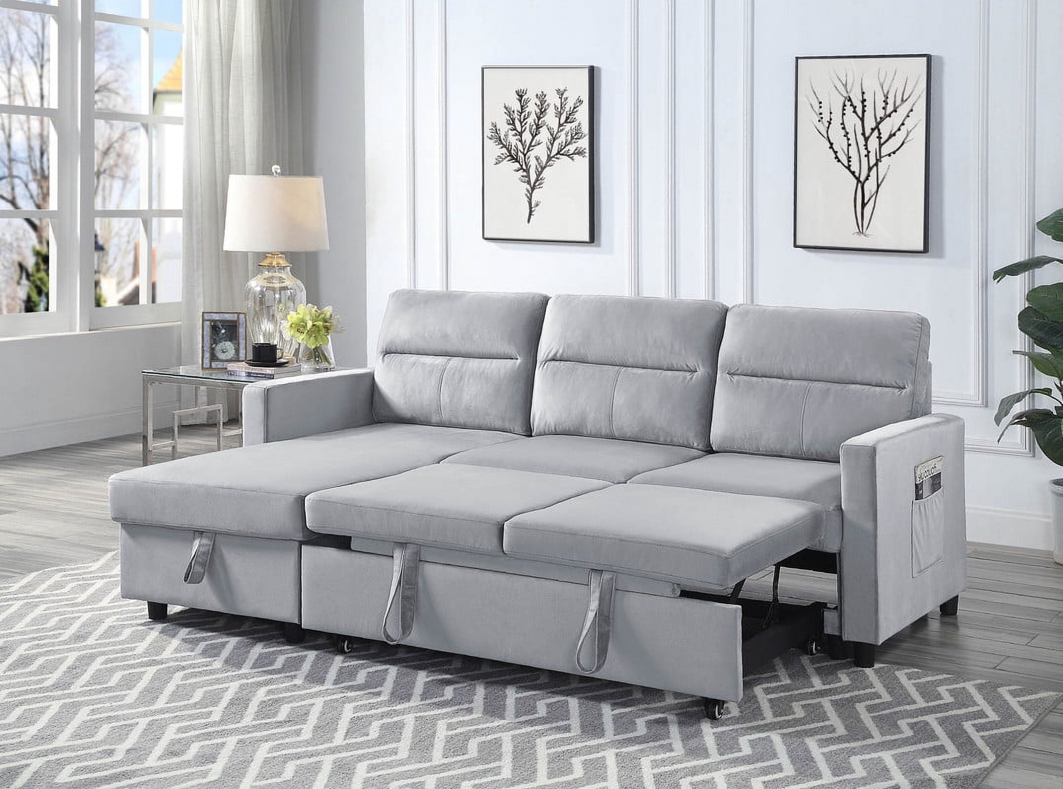 Howcool 82" Reversible Sleeper Sectional Sofa, L-Shaped Pull Out Couch with Storage Chaise & Side Pocket, Velvet Sofa Bed for Living Room, Light Gray