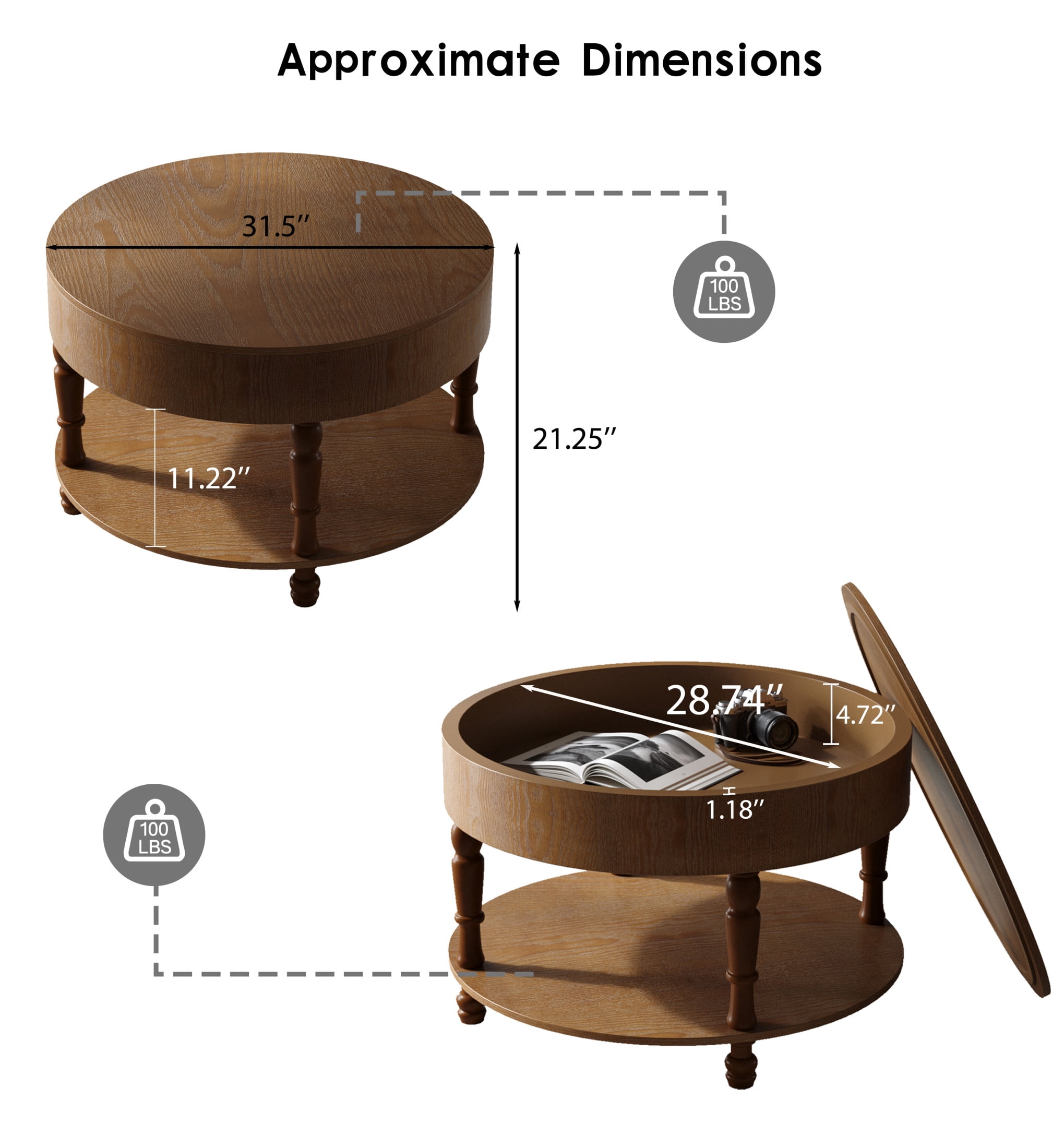 Noble House Coffee Table with Dual Storage for Living Room, 31.5" Modern Round Coffee Table with Storage and Hidden Compartment, Adjustable Leveling Feet, Walnut Brown