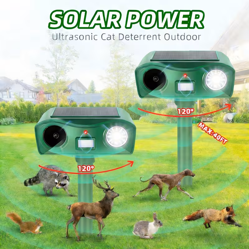 Paddsun Solar Ultrasonic Animal Repellent, Motion Activated Deterrent with LED Flashing Light for Cat Squirrel Deer Raccoon Rabbit Yard Protector