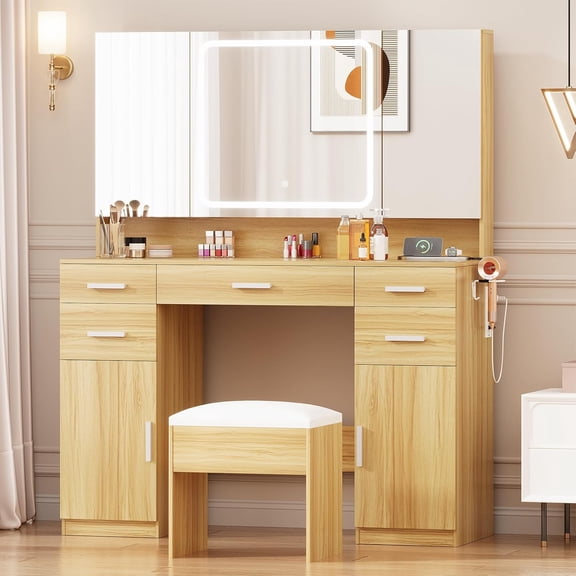 Vanity with Mirror and Lights, Makeup Vanity with 7 Drawers, Vanity Set with Tri-Folding 3 Colors Lighting Mirror and Cushioned Stool, Big Vanities with Power Outlet Perfect for Bedroom, Oak