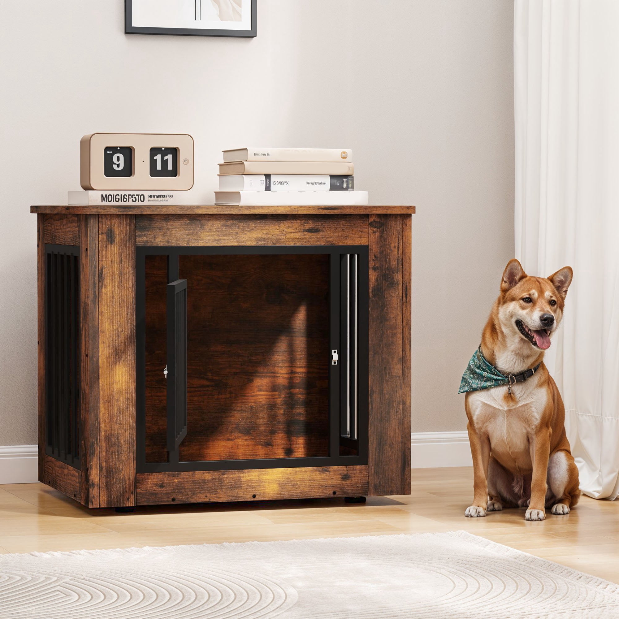 Uforic 27"L Wooden Dog Crate Furniture with Steel Lock,for Small Dogs up to 30 Lb, 27.1"L x 20.1"W x 24"H