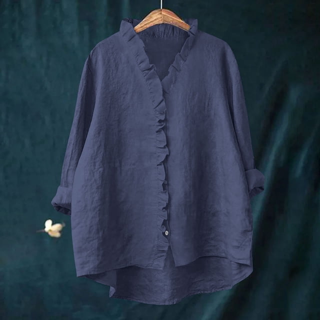 Sijiajgjfu 3/4 Sleeve Tops for Women Casual Loose Pleated Collared Button Shirts Imitaton Cotton Linen Blouses