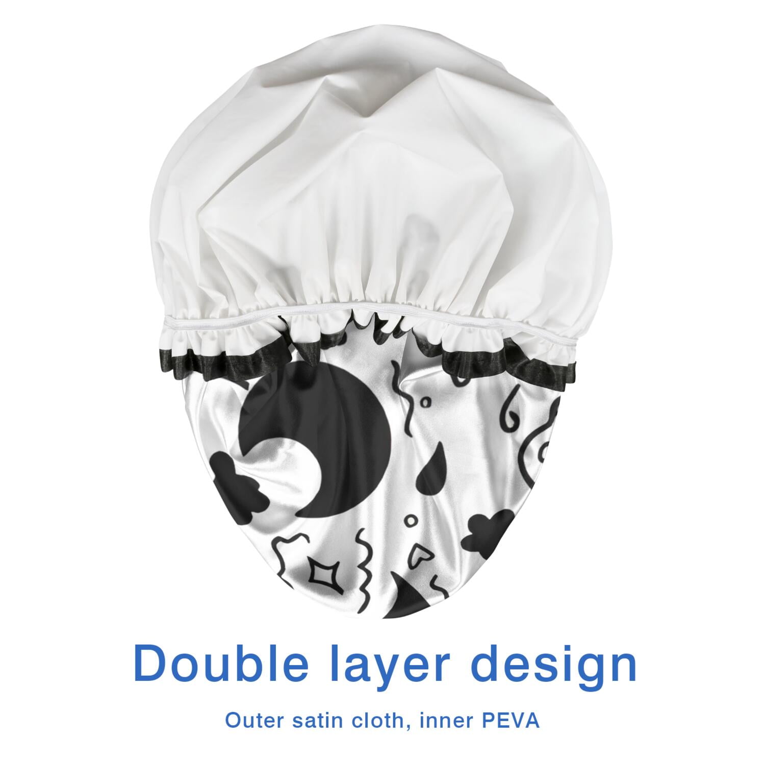 Shower Caps,Black and White Halloween Doodle Pattern Waterproof Shower Cap for Women 4 Pieces,Double Reusable Hair Cover for Shower PEVA Elastic Stretch Hem