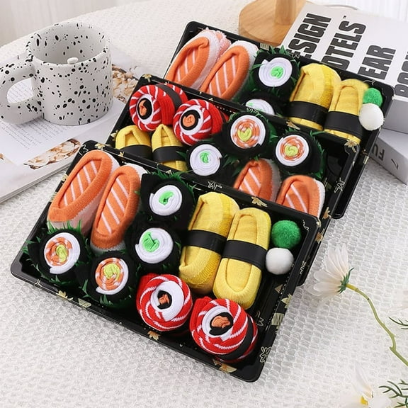 Ikohbadg Fun Sushi Socks Gift Box Unique Novelty Mid-Calf Socks for Men and Women, Colorful Sushi Themed Socks Gift for Sushi Lovers & Foodies, Creative Sushi Sock Set Ideal Stocking Stuffer, 5 Pairs