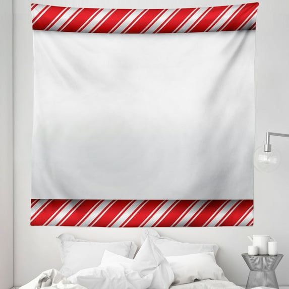 Candy Cane Tapestry, Horizontal Borders Frame with Red and White Sweetie Pattern in Abstract Style, Fabric Wall Hanging Decor for Bedroom Living Room Dorm, 5 Sizes, Red White, by Ambesonne