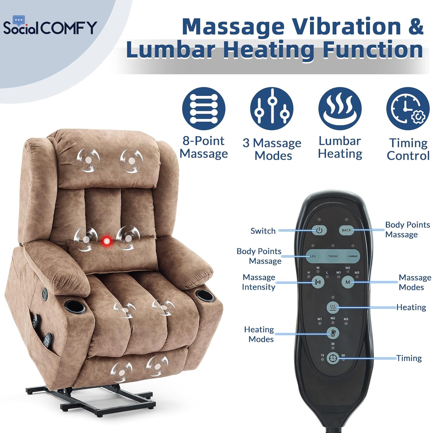 Large Dual Motor Lay Flat Power Lift Recliner Chair with Extended Footrest, Heat Massage, Oversized Electric Recliner for Big Tall Elderly, Lumbar Pillow, USB & Type-C Ports, Plush Brown