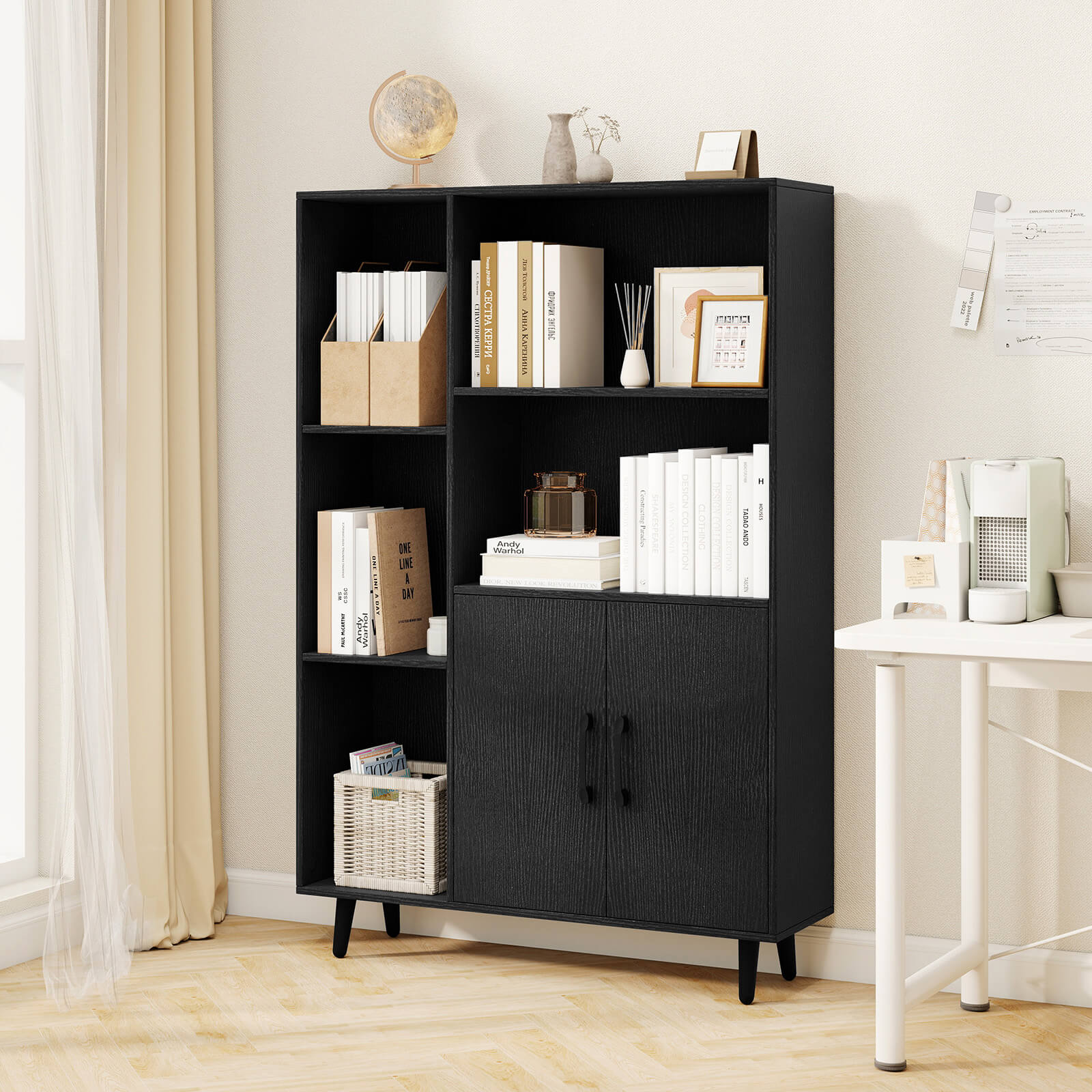 Costway Free Standing Storage Cabinet with 5 Open Shelves Double Door Cabinet Metal Legs Black