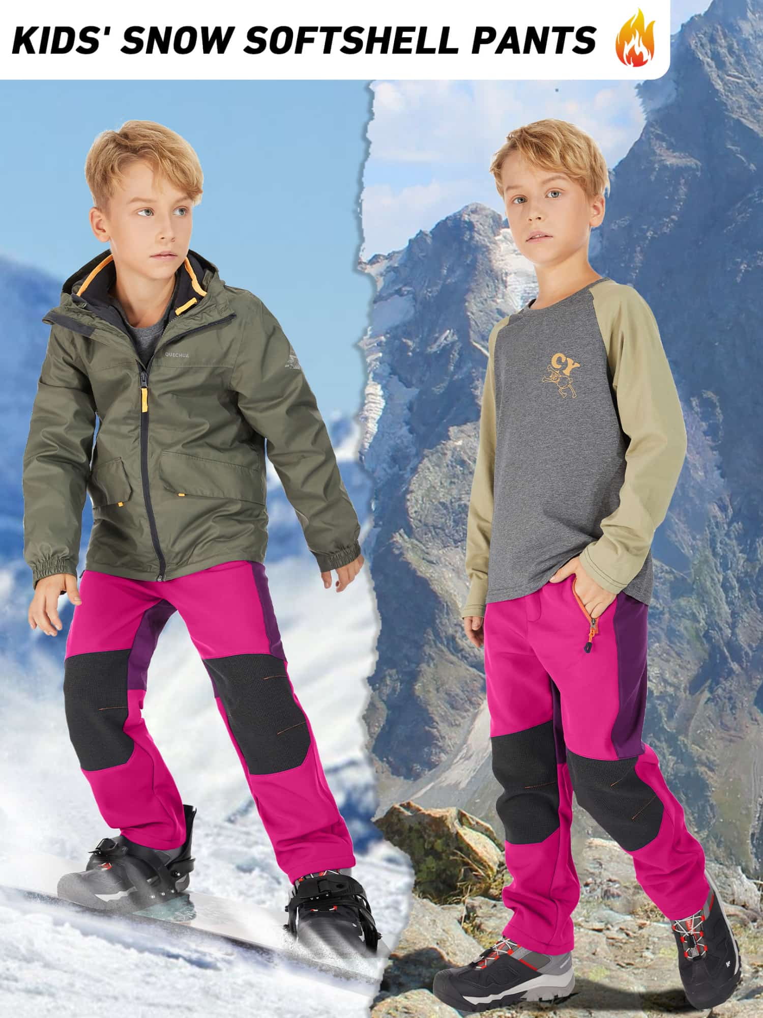 FEN AI Girls Ski Snow Pants Windproof Waterproof Hiking Pant Expandable Waist Soft Shell Winter Warm Insulated Trousers Rose Red Size 14-16