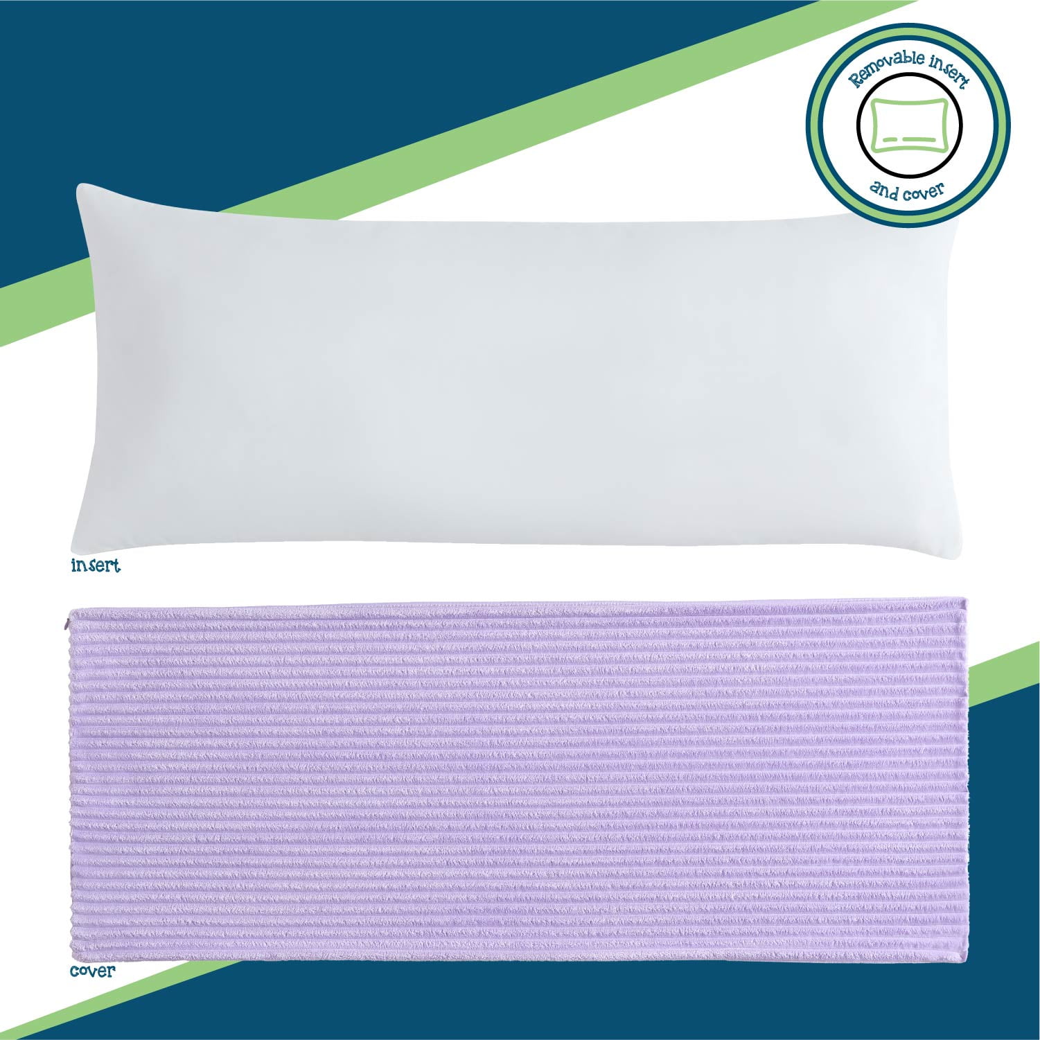 Your Zone Ribbed Body Pillow with Removable Cover, 48 in x 20 in, Lilac