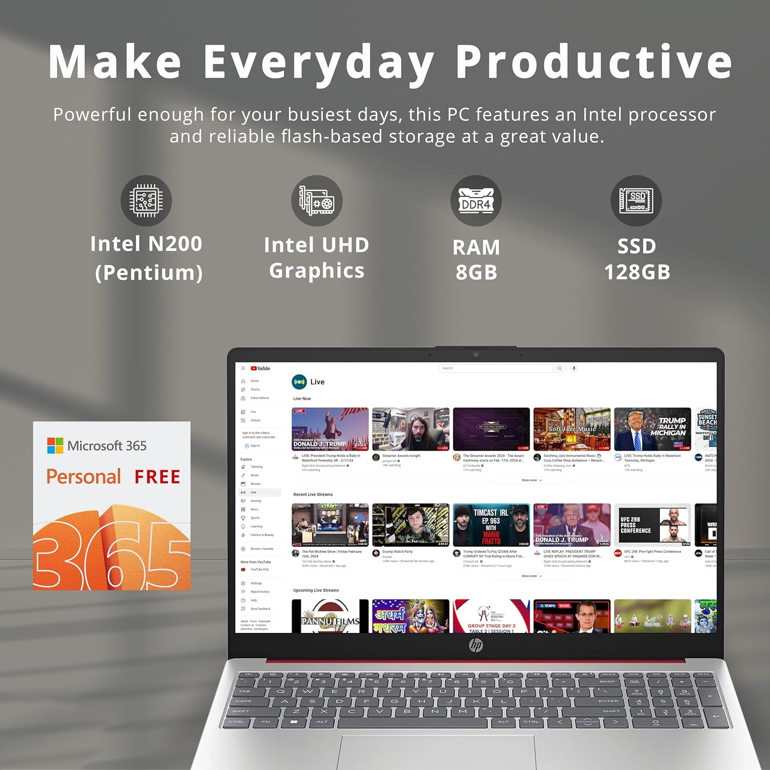 HP 15.6" HD Anti-Glare Everyday Laptop, Intel N200 Pentium Processor, 8GB DDR4 RAM, 128GB PCIe SSD, 1 Year Office 365, Intel UHD Graphics, Wi-Fi 6, Windows 11, Scarlet Red, 32GB Hotface USB Card