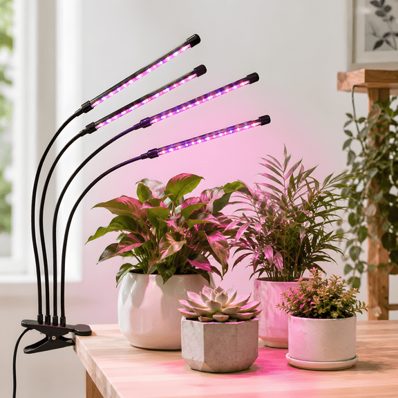 VOLIVO Clip Plant Grow Light with 4 Heads, 10-Level Dimmable, Timing and Adjustable Gooseneck, Full Spectrum Plant Grow Lamp for Indoor Plants