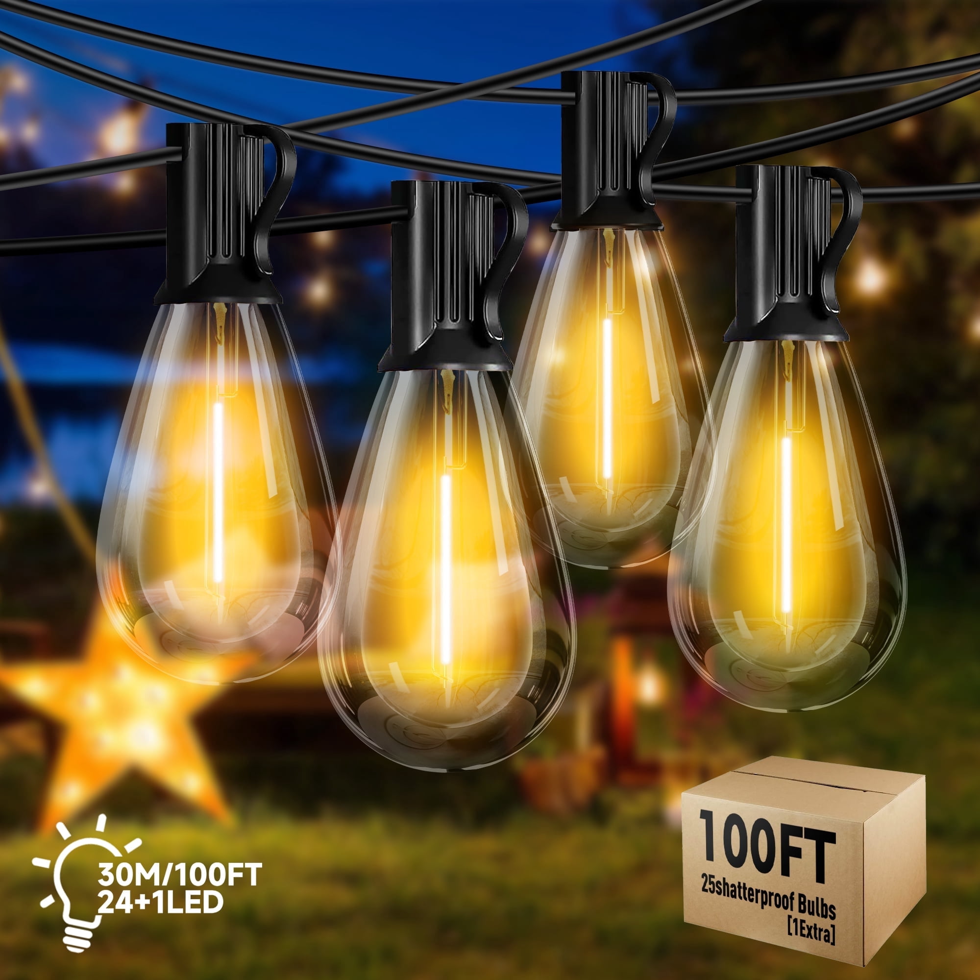 DAYBETTER 100FT LED Outdoor String Lights, Patio Lights with 24+1 Shatterproof S14 Edison Bulbs, Outside Hanging Light Waterproof for Porch, Deck, Garden, Yard, Balcony, Dimmable 2700K