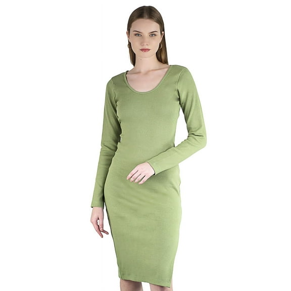 Artyska Women's Casual Bodycon Long Sleeve Round Neck Ribbed Side Slit Club Party Midi Dresses