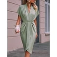 thumbnail image 6 of Women'S V Neck Elegant Dress Irregular Sleeve Solid Color Bodycon Midi Cocktail Gown Light Green XL, 6 of 9