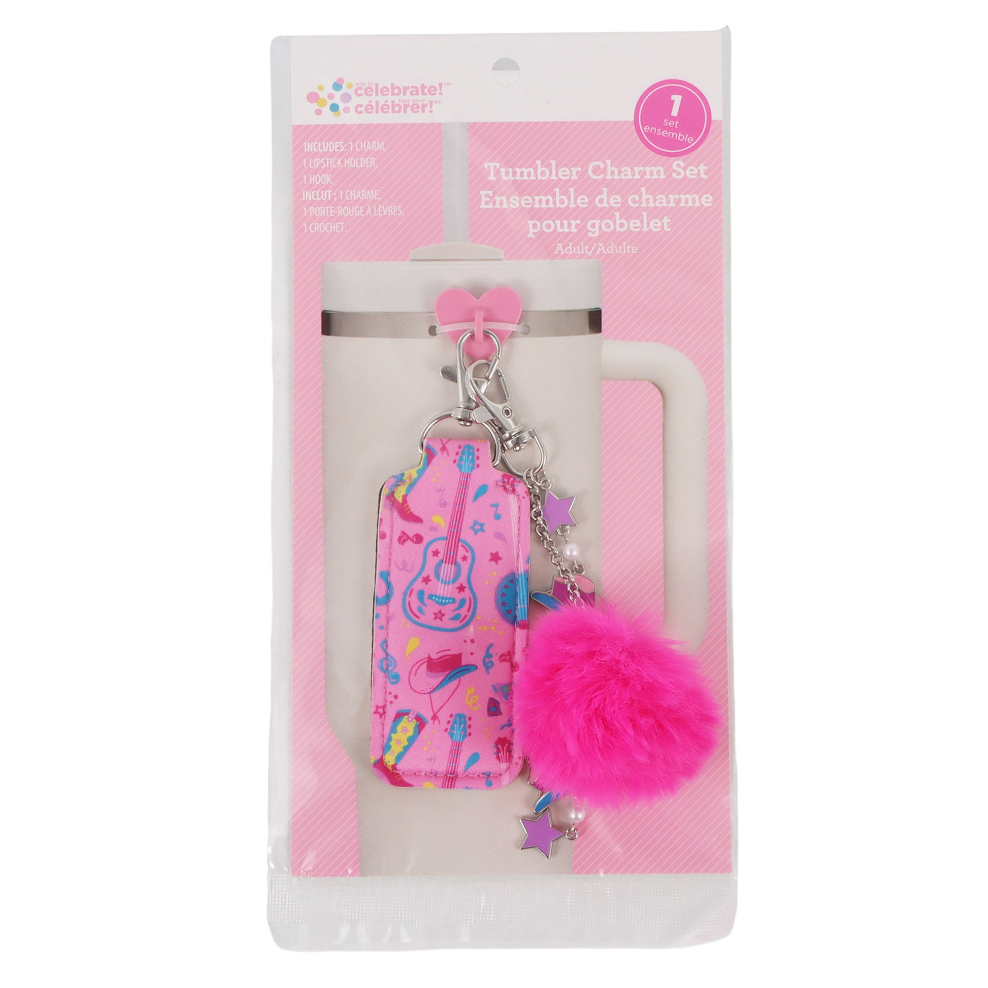 Way to Celebrate Festive Tumbler Charm Set, Heart Hook, Lipstick Holder and Charm, Pink
