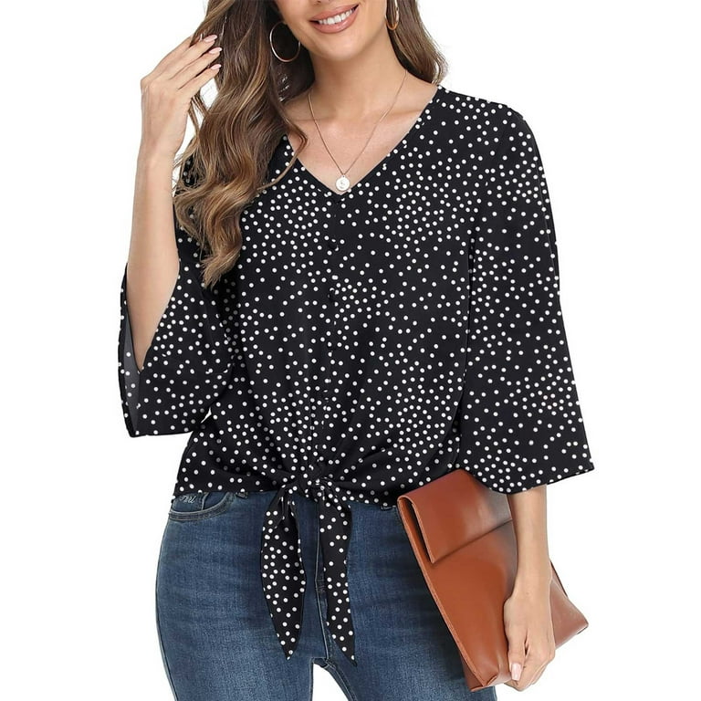 3/4 Sleeve For Loose Women Ladies Print Button 3/4 Bell Sleeve V-neck Pullover Tie Knot Tops Shirts Blouse Camisetas Manga Mujer - Walmart.com