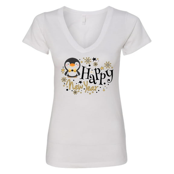 Inktastic Happy New Year with Cute Penguin Women's V-Neck T-Shirt