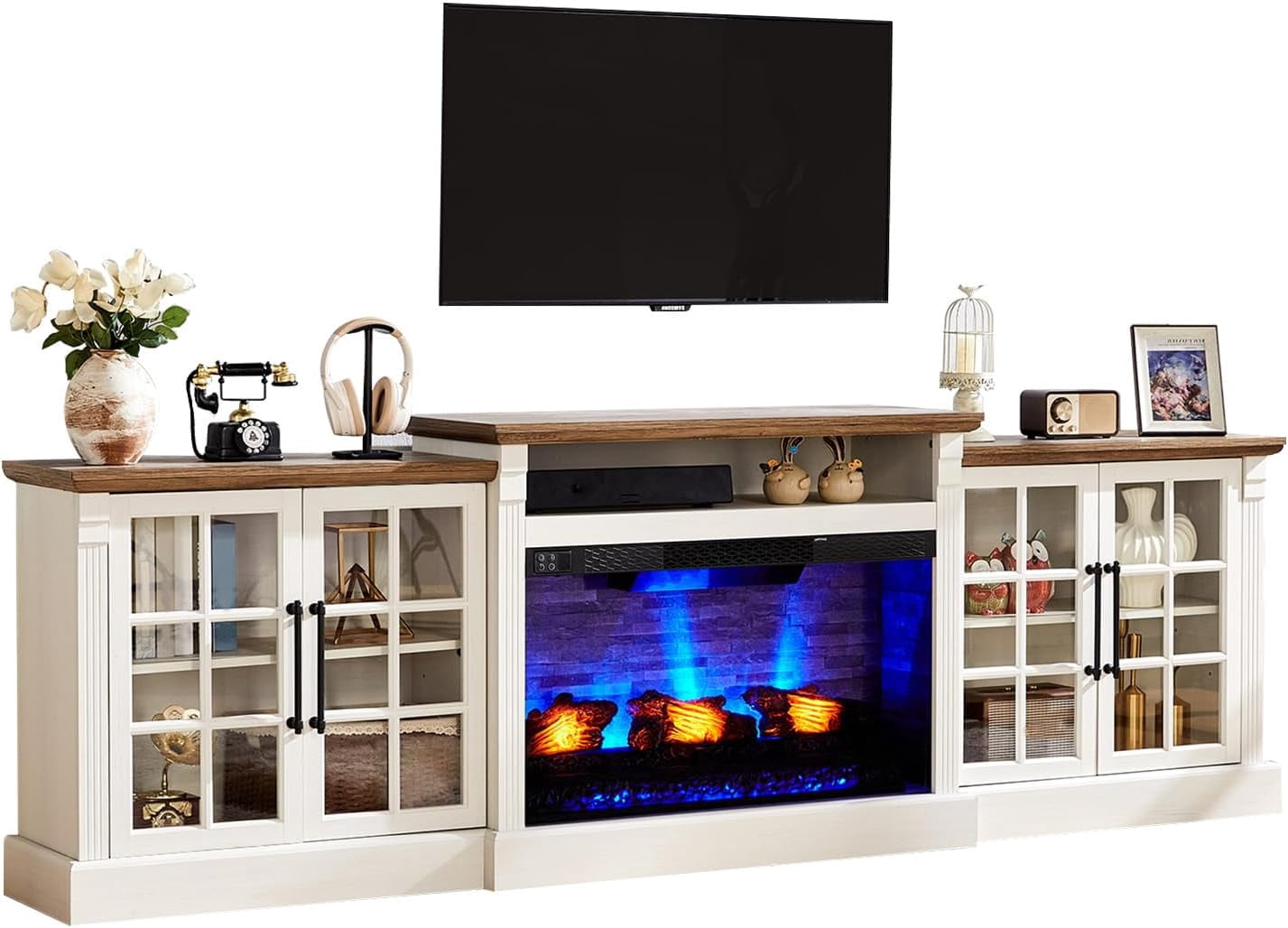 Merluxy 97" Farmhouse Fireplace TV Stand, Entertainment Center with Large Storage Space and Adjustable Shelf for Living Room, White