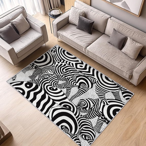 Elephant Rug Washable Black And White Stripe Rugs For Living Room Bedroom, Abstract African Animal Area Rug For Home Decor, Non Slip Backing Floor Carpet 4x5ft