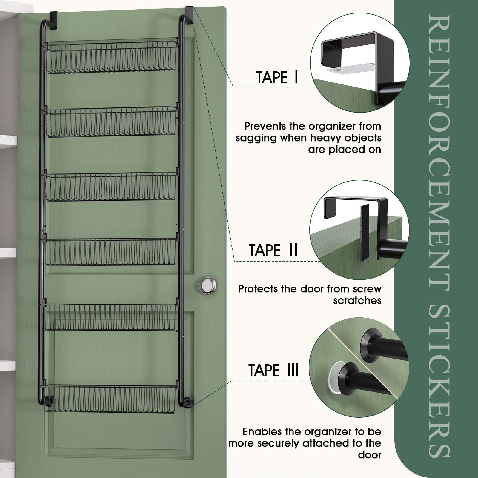 Yeabett 6-Tier Over the Door Pantry Organizer, Larger Baskets Metal Pantry Organization and Storage, Door Back Hanging Space Saver for Kitchen, Laundry, Bathroom, Black