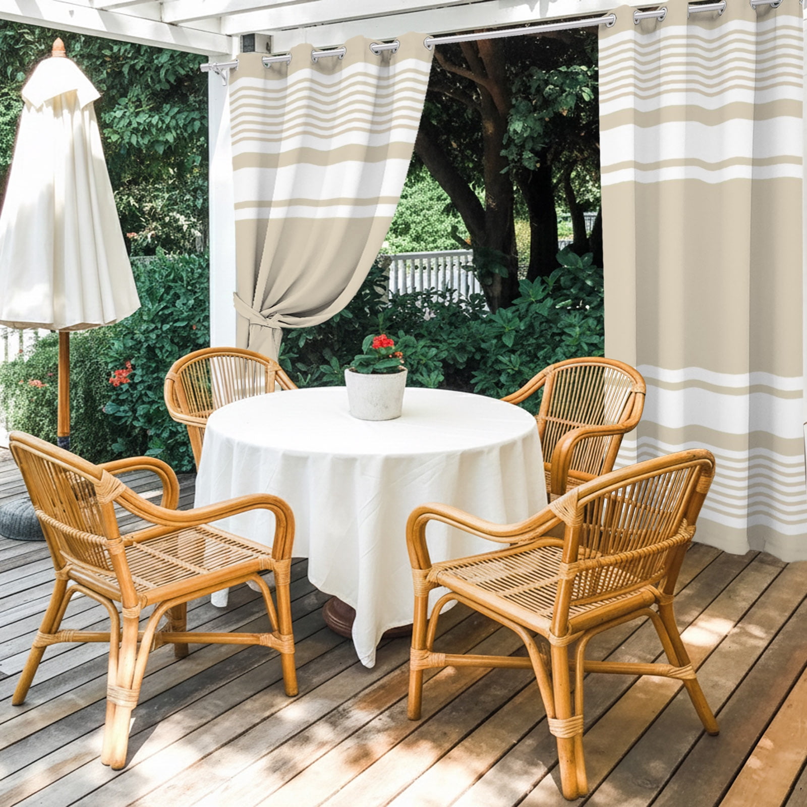 Farmhouse Beige Striped Outdoor Curtains for Patio, Modern Minimalist Stripes Abstract Sunshade Privacy Drapes Grommet Waterproof Outside Curtains for Porch/Cabana/Balcony 54"x 108", 1 Panel
