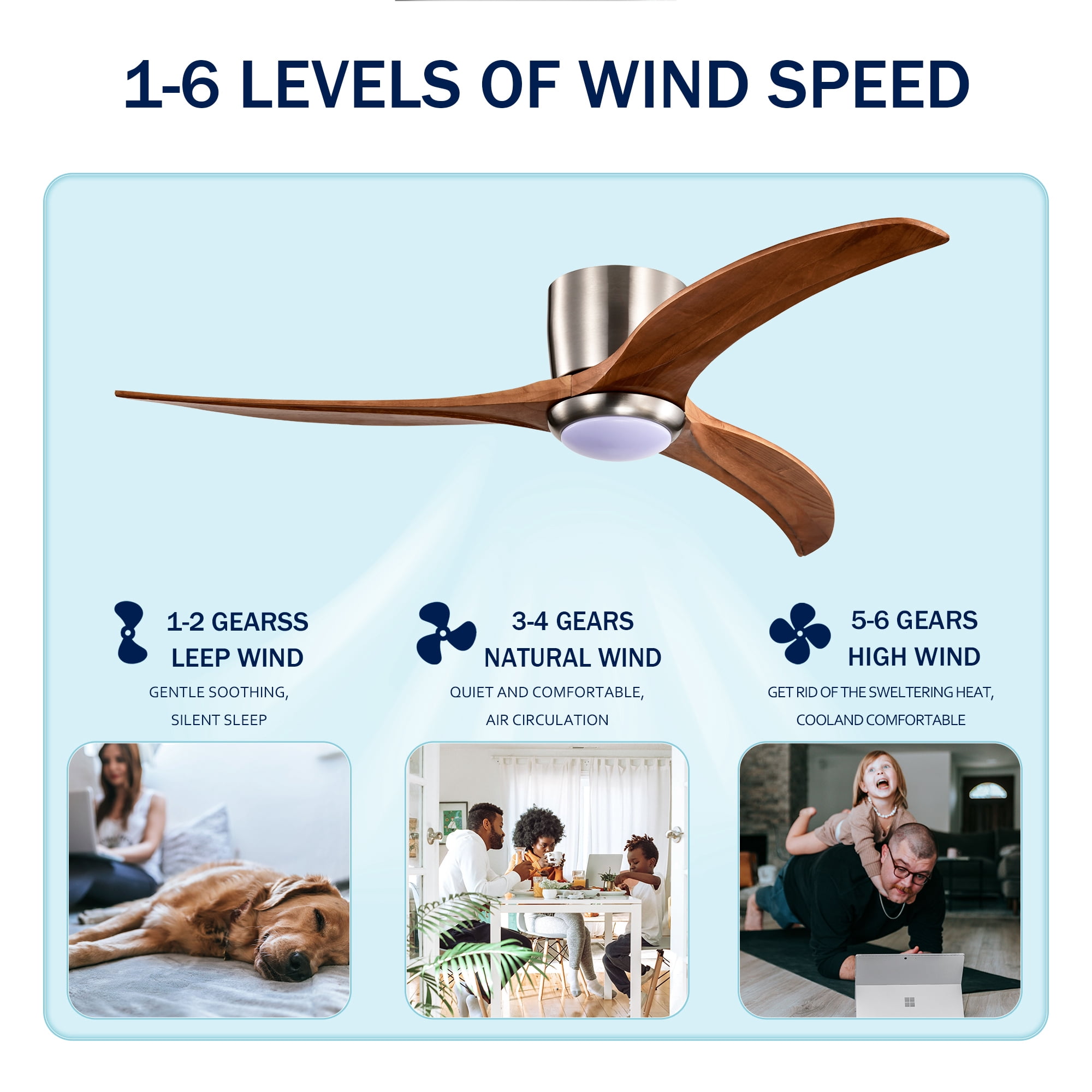Leumius 52" Solid Wood Blades Ceiling Fan with Light and Remote Control, Noiseless Reversible Motor, 6 Speed for Patio Living Room, Bedroom Nickel