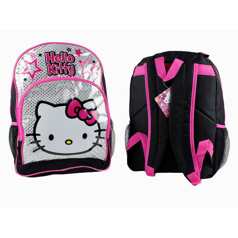 Hello Kitty Backpack 16 Sanrio Hello Kitty Black Pink Silver Glitter Stars NEW