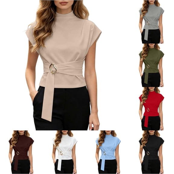 Rhuody Womens Shirts Short Sleeve Crew Neck Button Front Solid Color Tee Fashion Wear Khaki