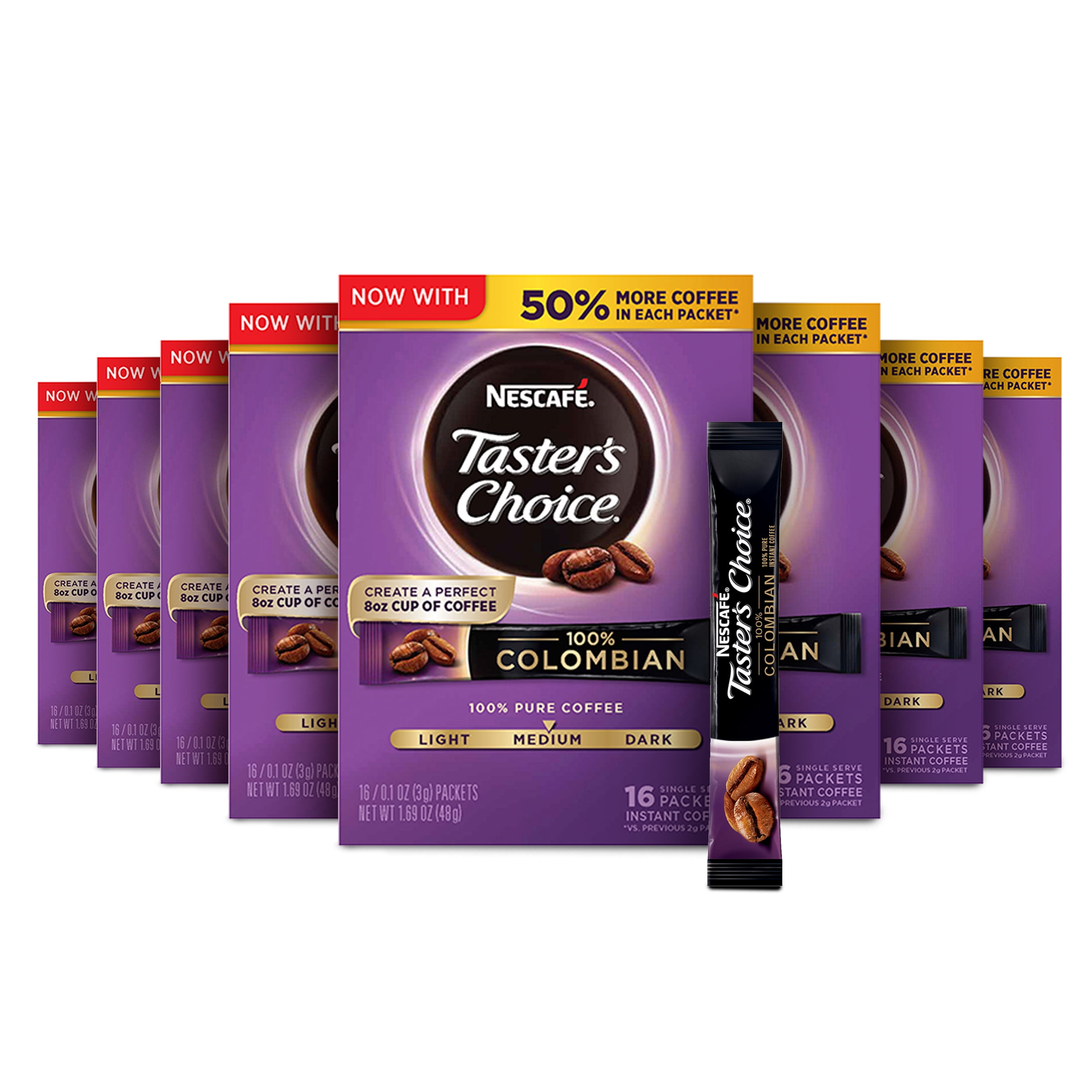 Nescafé Taster's Choice Colombian, Medium Roast Instant Coffee, 128 Ct (8 Boxes of 16)