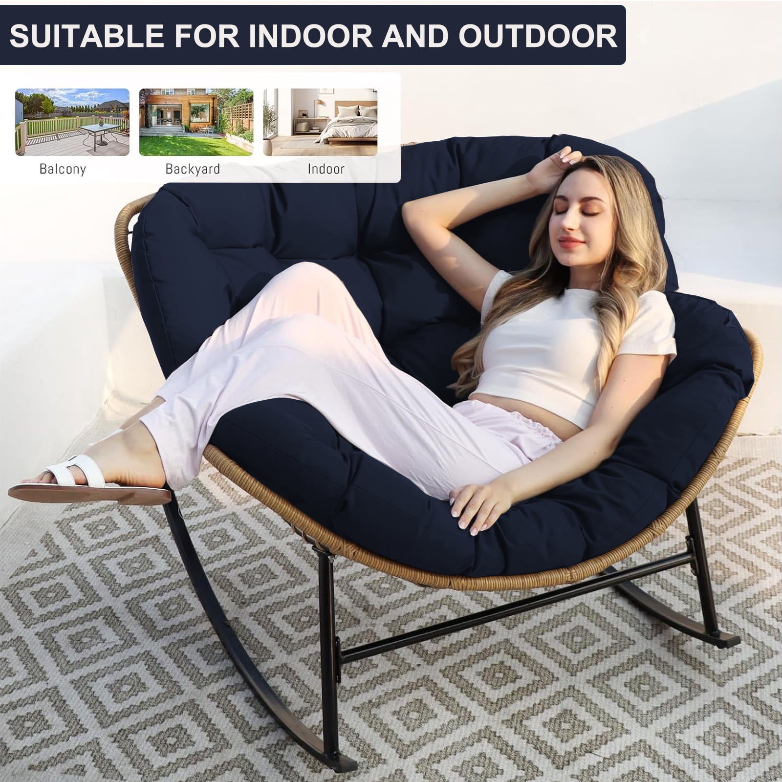 XXLYY Outdoor Rocking Chair Cushions – 6.3" Thick Waterproof Papasan Egg Chair Pad with Ties, Comfortable Round Seat Cushion for Living Room, Patio, Porch, or Balcony