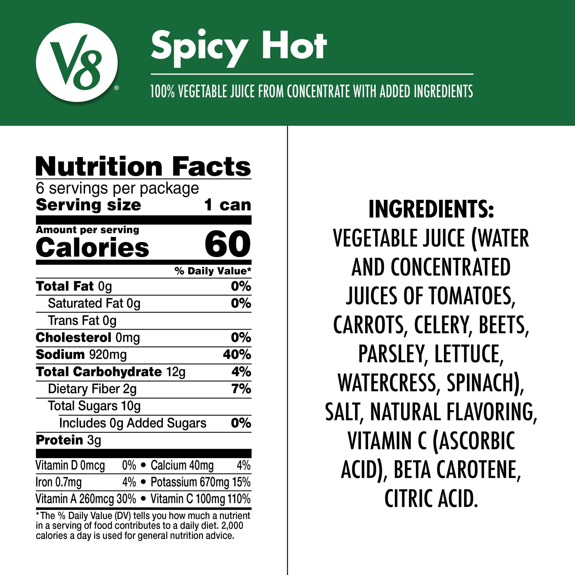 (4 pack) V8 Spicy Hot 100% Vegetable Juice, 11.5 fl oz Can, 6 Count
