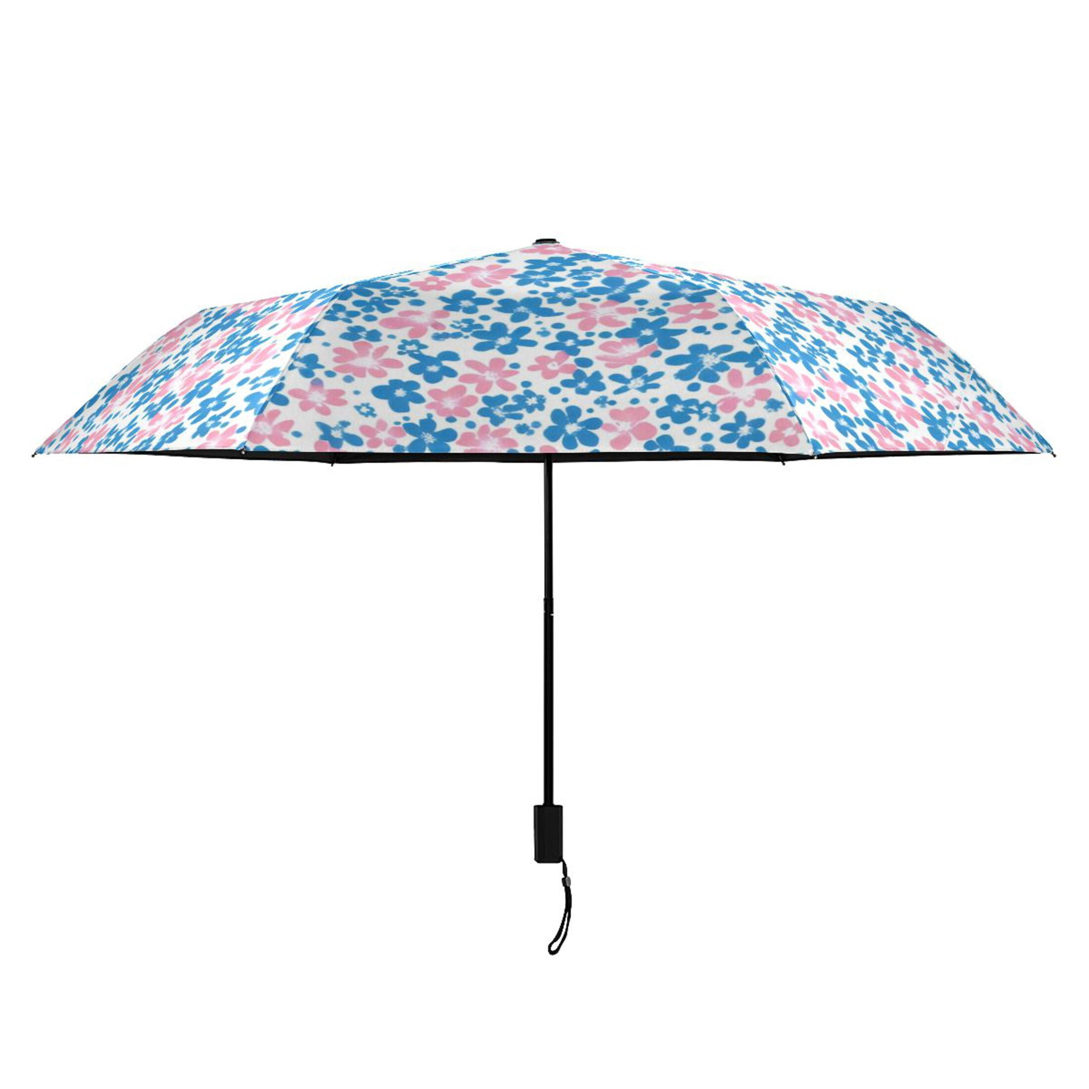 Blue and Pink Small Flowers Compact Sun Umbrella Windproof Travel Umbrellas for Rain Strong Portable UV Protection