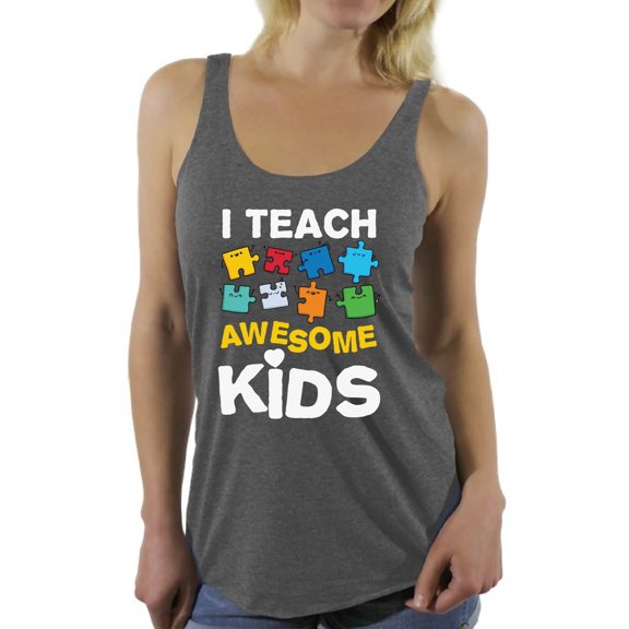 Awkward Styles Women's Autism Awareness Puzzle Graphic Racerback Tank Tops I Teach Awesome Kids