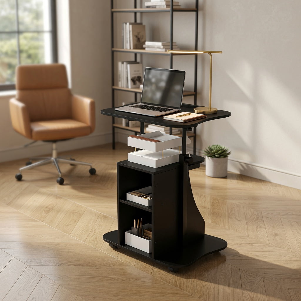 Topcobe Adjustable Mobile Standing Desk Cart with Tilt Desktop and Cabinet, Perfect Addition to Home, Office, Kitchen, Dining Room, Black