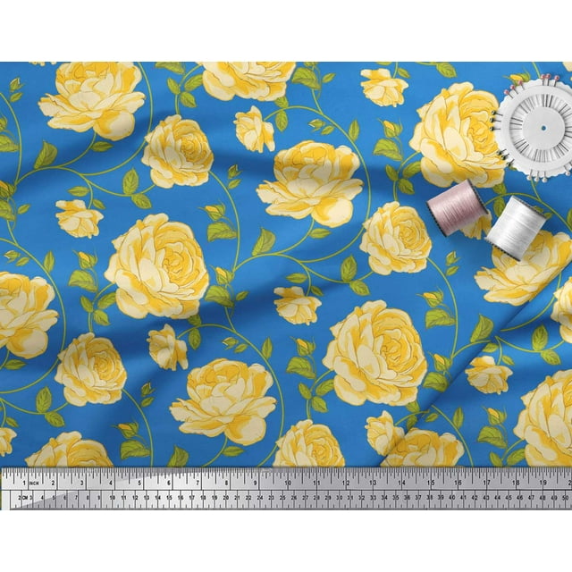 Soimoi Tissu Georgette Viscose Feuilles & Roses Imprimé Floral 1 Yard 42 Pouces de Large
