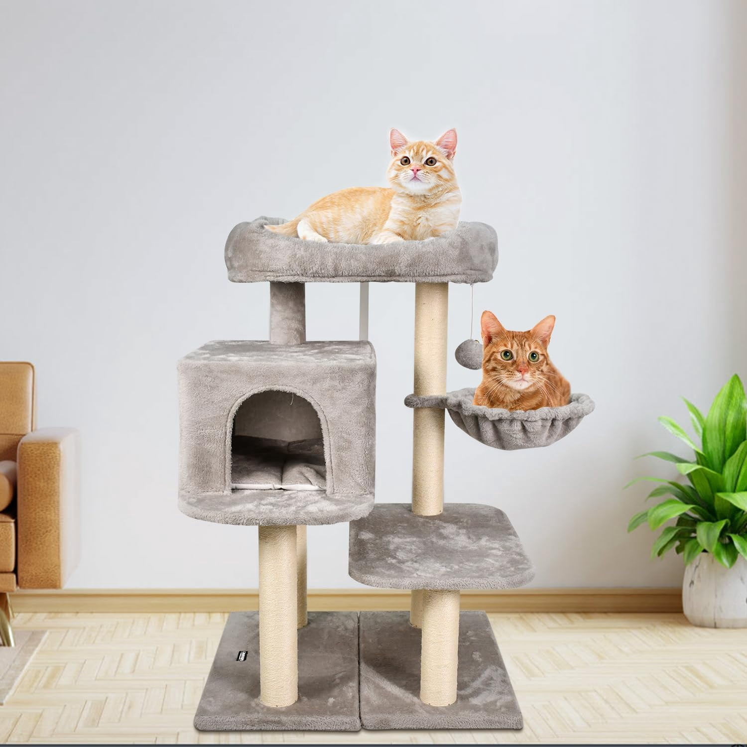 GOOPAWS 43-in Heavy-Duty Cat Tree for Large Cats, Multi-Level Tower with Sisal Scratching Posts, Plush Perch, Hammock & Condo Anti-Tip Design