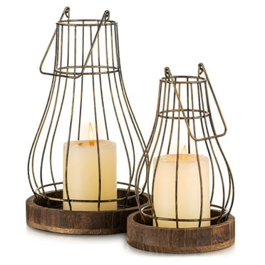 Hanobe Farmhouse Rustic Candle Holders Lantern - Wire Metal Lantern Decorative Indoor Outdoor for Fireplace Mantle Coffee Table Decor
